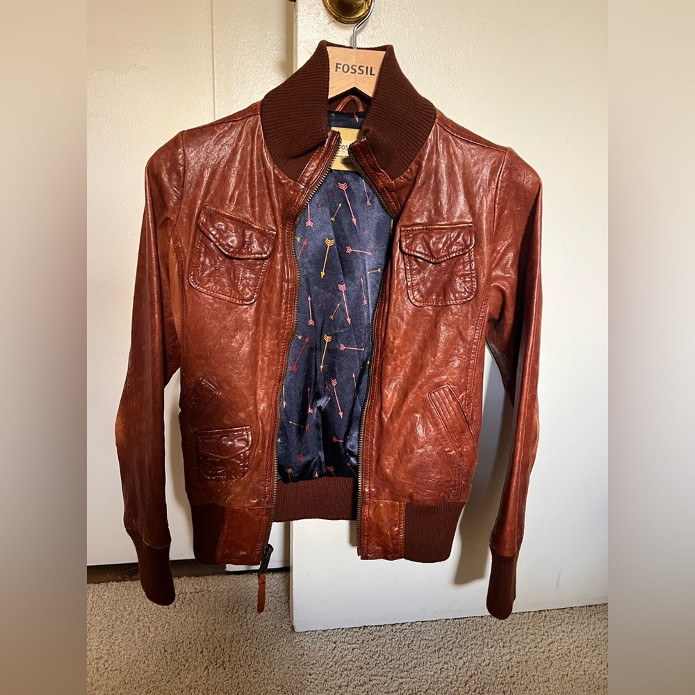 Fossil Caramel color/Rich Brown Leather Bomber Jacket
